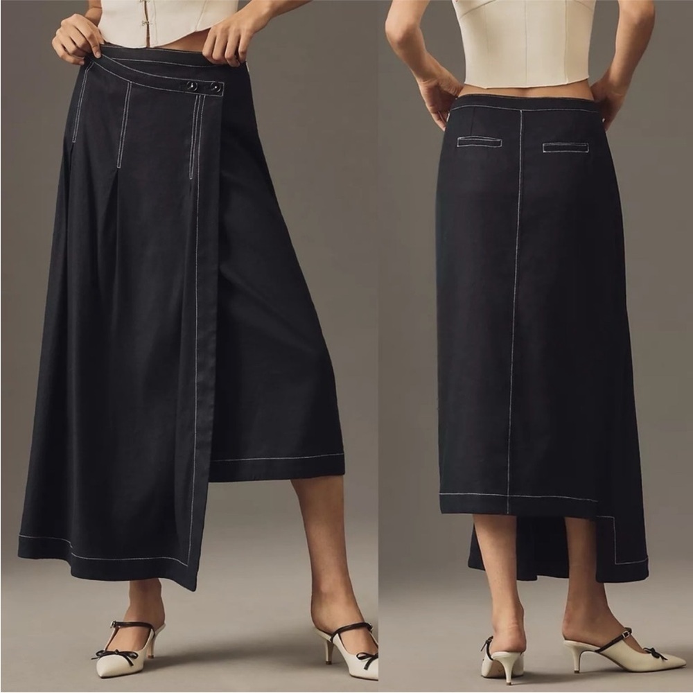Anthropologie Midi wrap Skirt with White Stitching